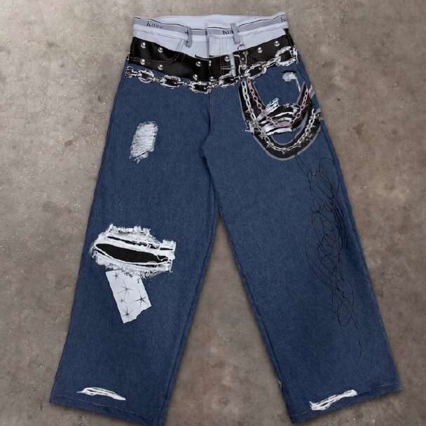 Distressed denim jeans