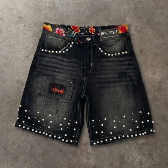 Studded denim shorts